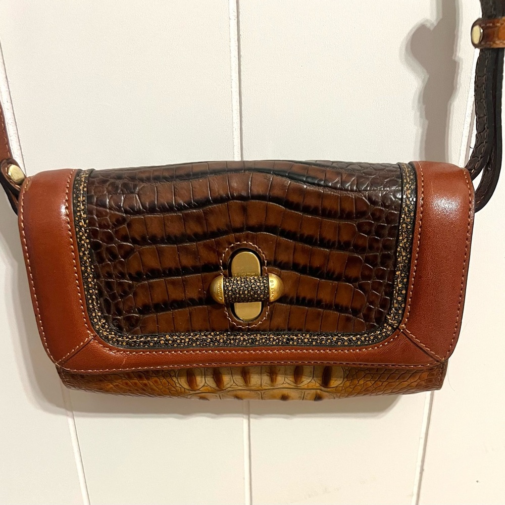 Vintage BRAHMIN CROSSBODY Handbag Purse Pecan Brown Crock Embossed Leath…